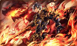 Rule 34 | 1boy, armor, cadanova (ta ga tame no alchemist), closed mouth, commentary, dragon, fighting stance, fire, flaming sword, flaming weapon, grey hair, holding, holding sword, holding weapon, male focus, official art, profile, red fire, short hair, shoulder armor, smoke, solo, standing, sword, ta ga tame no alchemist, third-party source, weapon