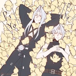 Rule 34 | 2boys, age comparison, animalization, arms behind head, bare arms, bare shoulders, belt, belt buckle, bird, black belt, black jacket, black shirt, blue eyes, brown belt, buckle, chest strap, closed eyes, closed mouth, cloud strife, final fantasy, final fantasy vii, final fantasy vii ever crisis, grey hair, hair between eyes, hands on own chest, highres, jacket, long bangs, long hair, multiple belts, multiple boys, own hands together, parted bangs, sephiroth, sephiroth (ever crisis), shirt, short hair, sleeveless, sleeveless turtleneck, smile, spiked hair, time paradox, too many, too many birds, turtleneck, twitter username, yellow bird, zi (murasaki0615)