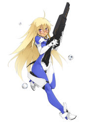 1girl ahoge blonde_hair blush bodysuit breasts dark-skinned_female dark_skin fang full_body glasses gloves gun hair_between_eyes high_heels highres holding holding_gun holding_weapon long_hair looking_at_viewer maruku medium_breasts open_mouth original purple_eyes red-framed_eyewear semi-rimless_eyewear shorts skin_tight solo weapon white_background