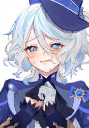 1girl absurdres asymmetrical_gloves black_gloves blue_eyes blue_hair blue_hat crying crying_with_eyes_open furina_(genshin_impact) genshin_impact gloves hat highres hotaboshi_yazuki looking_at_viewer mismatched_gloves multicolored_hair open_mouth simple_background solo streaked_hair tears top_hat two-tone_hair white_background white_gloves white_hair yaduki100