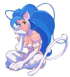 1990s_(style) 1girl animal_ears bengus blue_hair cat_ears cat_girl cat_tail colored_pencil_(medium) darkstalkers felicia_(darkstalkers) full_body green_eyes head_rest indian_style long_hair non-web_source official_art retro_artstyle simple_background sitting solo tail traditional_media white_background
