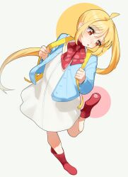 Rule 34 | 1girl, ahoge, blonde hair, blue jacket, bocchi the rock!, boots, bow, bowtie, commentary, detached ahoge, eltir, gotoh hitori, gotoh hitori (octopus), highres, ijichi nijika, jacket, long hair, long sleeves, looking back, open clothes, open jacket, open mouth, polka dot, polka dot bow, polka dot bowtie, red boots, red bow, red bowtie, red eyes, side ponytail, simple background, standing, standing on one leg, white background