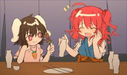2girls animal_ears black_hair carrot_necklace closed_eyes closed_mouth commentary eating floppy_ears food hair_bobbles hair_ornament highres holding holding_food inaba_tewi indoors jewelry looking_at_another multiple_girls necklace onozuka_komachi open_mouth rabbit_ears rabbit_girl red_eyes red_hair short_hair short_sleeves tokkuri tomori_yukari touhou two_side_up upper_body
