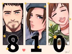 1boy 2girls beard beret black_hair black_shirt blue_eyes brown_hair choker chris_redfield earrings facial_hair hat heart highres jewelry jill_valentine looking_at_viewer lovers_nero multiple_girls open_mouth pink_choker rebecca_chambers resident_evil resident_evil_0 resident_evil_1 resident_evil_village shirt short_hair smile star_(symbol) twitter_username
