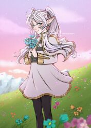 1girl aqua_eyes black_pantyhose capelet commentary earrings english_commentary flower frieren grey_hair highres hill holding holding_flower itsnailasart jewelry medium_skirt mountain pantyhose pointy_ears purple_sky shirt skirt sky smile solo sousou_no_frieren striped_clothes striped_shirt teardrop_earrings twintails twitter_username white_capelet white_skirt