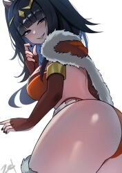 1girl ass ass_focus black_hair black_nails bra breasts cape elbow_gloves fingerless_gloves fire_emblem fire_emblem_awakening fire_emblem_heroes fur-trimmed_cape fur_trim gloves highres large_breasts looking_at_viewer median_furrow nail_polish nintendo official_alternate_costume panties purple_eyes red_bra red_panties smile solo squinting tharja_(&quot;normal_girl&quot;)_(fire_emblem) tharja_(fire_emblem) thick_thighs thighs two_side_up underwear zet_(twt_zet)
