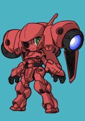 Rule 34 | 1girl, armor, blue background, bright pupils, closed mouth, commentary request, eyepatch, full body, gerbera tetra, green eyes, gundam, gundam 0083, helmet, highres, humanization, izuna yoshitsune, legs apart, looking at viewer, mecha musume, one-eyed, open hands, outstretched arms, simple background, solo, standing, thrusters, white pupils