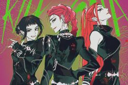 3girls black_gloves black_hair black_jacket blunt_bangs braid braided_ponytail closed_mouth commentary_request cropped_jacket earrings fingerless_gloves gloves gugusam0 hand_on_own_hip highres jacket jewelry korean_commentary kpop_demon_hunters lone_nape_hair looking_back mira_(kpop_demon_hunters) multiple_girls profile red_hair rumi_(kpop_demon_hunters) sidelocks smile upper_body zoey_(kpop_demon_hunters)
