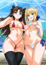 2girls :d absurdres artoria_pendragon_(fate) bikini black_bow black_hair black_thighhighs blonde_hair blue_eyes blue_ribbon blush bow braid breasts cleavage collarbone commentary_request crown_braid fate/stay_night fate_(series) green_eyes hair_bow hair_ribbon haruhisky highres long_hair looking_at_viewer medium_breasts multiple_girls navel open_mouth red_bikini ribbon saber_(fate) side-tie_bikini_bottom sidelocks smile standing stomach swimsuit thighhighs thighs tohsaka_rin two_side_up underboob very_long_hair white_bikini