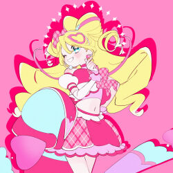 Rule 34 | 1girl, 35kawaiiprpr, blonde hair, blue eyes, bow, bow-shaped hair, crop top, cure idol, detached sleeves, drop shadow, earrings, finger heart, grin, hair bow, hair ornament, hairband, headset, heart, heart hair ornament, highres, jewelry, kimi to idol precure, long hair, magical girl, midriff, multicolored hair, navel, one eye closed, pink background, pink hair, pink skirt, plaid clothes, plaid skirt, precure, puffy short sleeves, puffy sleeves, sakura uta (precure), short sleeves, simple background, skirt, smile, solo, two-tone hair, wrist cuffs