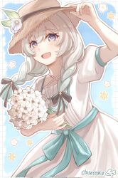 blue_pupils blush braid chiseccake dress firefly_(honkai:_star_rail) floral_background flower gradient_eyes gradient_hair green_ribbon grey_hair hair_between_eyes hair_intakes hand_on_headwear hat highres holding holding_flower honkai:_star_rail honkai_(series) multicolored_eyes multicolored_hair open_mouth ribbon smile straw_hat twin_braids twitter_username waist_ribbon white_dress white_flower