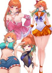 1girl :3 :d absurdres alternate_costume bare_arms bare_legs bare_shoulders barefoot bikini bishoujo_senshi_sailor_moon blue_bikini blue_shorts bow breasts choker colored_inner_hair commentary cosplay cyanzan detached_sleeves dress earrings elbow_gloves english_commentary feather_earrings feathers finger_to_mouth frilled_dress frills gloves gradient_hair green_hair hair_bow hairband highres hololive hololive_english jewelry large_breasts long_hair looking_at_viewer magical_girl multicolored_hair multiple_views navel official_alternate_costume official_alternate_hairstyle one-piece_swimsuit open_fly open_mouth orange_choker orange_hair orange_sailor_collar perfume_(takanashi_kiara) pink_dress pleated_skirt purple_eyes sailor_collar sailor_senshi sailor_senshi_uniform sailor_venus sailor_venus_(cosplay) salute see-through_clothes see-through_one-piece_swimsuit short_shorts shorts side-tie_one-piece_swimsuit simple_background skirt smile stomach swimsuit takanashi_kiara takanashi_kiara_(casual) takanashi_kiara_(perfume) two-tone_hair virtual_youtuber white_background white_gloves white_hairband