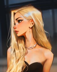 Rule 34 | 1girl, art study, black dress, blonde hair, blurry, blurry background, breasts, brown eyes, cleavage, dress, earrings, hair over shoulder, highres, jewelry, long hair, original, sam yang, silver necklace, solo, sparkle, upper body, wavy hair