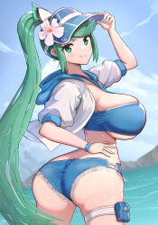 absurdres alternate_costume ass breasts gonzarez green_eyes green_hair highres huge_ass large_breasts pneuma_(xenoblade) ponytail solo swept_bangs xenoblade_chronicles_(series) xenoblade_chronicles_2