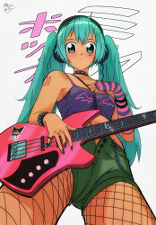 Rule 34 | 1girl, 2000s (style), absurdres, armpit peek, asymmetrical sleeves, bass guitar, blue nails, blush, bracelet, breasts, chain, character name, collar, crop top, fingerless gloves, fingernails, fishnet legwear, fishnets, from below, gloves, green eyes, green hair, gyaru, hair between eyes, hand on own chest, hatsune miku, headphones, heart, highres, idol, instrument, jewelry, kogal, letro, long hair, looking at viewer, looking down, midriff, nail polish, navel, open fly, rokku gyaru, short shorts, shorts, small breasts, solo, spiked bracelet, spiked collar, spikes, stomach, tan, tattoo, twintails, unbuttoned, vocaloid