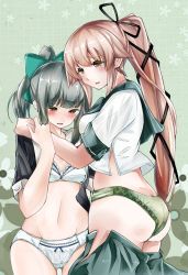2girls aqua_skirt ass blush bow bra brown_eyes butt_crack clothes_pull green_bow green_hair green_panties green_skirt hair_bow hair_flaps highres kantai_collection kazu_(really_in_hot_water_now) long_hair midriff multiple_girls navel panties pink_hair pleated_skirt ponytail school_uniform serafuku shirt short_sleeves skirt skirt_down skirt_pull underwear very_long_hair white_bra white_panties white_shirt yura_(kancolle) yuri yuubari_(kancolle)