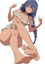1girl ahoge bare_shoulders barefoot blue_eyes blue_hair blush braid braided_ponytail collarbone commentary crossed_bangs feet frilled_shirt frills full_body highres long_braid long_hair looking_at_viewer mushoku_tensei nishizuki_shino off-shoulder_shirt off_shoulder panties roxy_migurdia shirt simple_background sitting soles solo sweat underwear very_long_hair white_background white_panties white_shirt