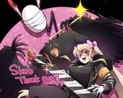 1girl absurdres black_coat black_vest blonde_hair bow coat commission employee_(project_moon) glasses gloves hair_bow highres holding holding_sword holding_weapon judgement_bird lobotomy_corporation long_hair long_sleeves looking_at_viewer nugget_(project_moon) open_mouth pink-framed_eyewear pink_bow pink_eyes project_moon round_eyewear sidelocks skeb_commission smile solo sword twintails very_long_hair vest weapon white_gloves yatsumeunagi