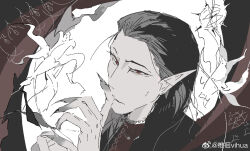 1boy asian baldur&#039;s_gate baldur&#039;s_gate_3 black_hair cazador_szarr colored_skin dungeons_&amp;_dragons earrings fingernails flower grey_skin hair_slicked_back jewelry long_fingernails long_hair male_focus monolids narrowed_eyes pointy_ears portrait red_eyes solo vihua6