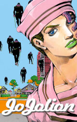 1boy 1other araki_hirohiko black_hat black_pants blue_eyes blue_sky bowler_hat building cane dixie_cup_hat facial_mark flying from_behind green_hair green_lips hat hatching_(texture) higashikata_josuke_(jojolion) highres holding holding_cane house jojo_no_kimyou_na_bouken jojolion looking_at_viewer makeup male_focus military_hat non-web_source official_art pants parted_lips pink_hat pink_sailor_collar pink_scarf pink_shirt sailor sailor_collar scarf shirt sky stand_(jojo) teeth three_quarter_view tree wonder_of_u