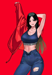 1girl absurdres arm_behind_head arm_up armpits black_eyes black_hair blue_pants blue_sports_bra breasts cleavage clothes_writing collarbone commentary cowboy_shot grin high-waist_pants highres jacket large_breasts long_hair long_sleeves looking_at_viewer nadainishi navel open_fly original panties pants panty_peek red_background red_jacket simple_background smile solo sports_bra stomach sweat torn_clothes torn_pants underwear underwear_writing