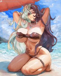 1girl absurdres alva_(artofalva) armpits arms_behind_head arms_up bare_arms bare_legs bare_shoulders barefoot beach_umbrella bikini black_bikini black_collar black_hair blue_sky breasts cloud collar commentary day ear_piercing english_commentary flower_tattoo full_body goddess_of_victory:_nikke grin hair_between_eyes hair_lift hair_ornament hairclip highleg highleg_bikini highres hip_tattoo huge_breasts jewelry kneeling long_bangs long_hair looking_at_viewer multicolored_hair navel necklace ocean on_ground outdoors parted_bangs parted_lips patreon_username pendant piercing red_eyes rosanna_(chic_ocean)_(nikke) rosanna_(nikke) shadow skindentation sky smile solo split-color_hair star_(symbol) star_hair_ornament stomach strapless strapless_bikini swimsuit tattoo thigh_strap two-tone_hair umbrella underboob very_long_hair wavy_hair white_hair