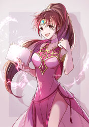 1girl armlet book breasts brown_eyes brown_hair choker dress fire_emblem fire_emblem:_mystery_of_the_emblem forehead_jewel highres jewelry linde_(fire_emblem) long_hair magic medium_breasts nintendo pink_dress ponytail scrunchie signature smile solo_focus yutohiroya