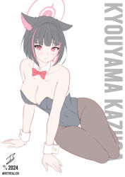1girl 3: absurdres alternate_costume animal_ears arm_support bare_shoulders black_hair black_leotard black_pantyhose blue_archive blunt_bangs blunt_ends blush bob_cut bow bowtie breasts bright_pupils cat_ears cat_girl character_name cleavage closed_mouth collarbone colored_inner_animal_ears colored_inner_hair commentary covered_navel detached_collar embarrassed eyelashes full_body furrowed_brow groin hair_intakes halo highleg highleg_leotard highres kazusa_(blue_archive) leotard looking_at_viewer medium_breasts medium_hair multicolored_hair pantyhose pink_hair pink_halo playboy_bunny realen red_bow red_bowtie red_eyes signature simple_background sitting solo split_mouth straight_hair strapless strapless_leotard thigh_gap thighs twitter_username two-tone_hair white_background white_wrist_cuffs wrist_cuffs yokozuwari