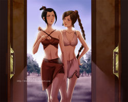 2011 2girls alexielart annoyed arm_at_side armpits artist_name avatar:_the_last_airbender avatar_legends azula bikini bikini_skirt black_hair blue_eyes braid braided_ponytail breasts brown_hair cleavage clenched_hands collarbone cross-laced_bikini cross-laced_clothes deviantart_username evening eyelashes female_focus fingernails hair_bun hand_up happy implied_yuri legs long_hair looking_at_another medium_breasts midriff multiple_girls navel neck official_alternate_costume outdoors parted_bangs parted_lips red_bikini side-by-side sidelocks single_hair_bun smile standing swimsuit thighs tsundere ty_lee water water_drop wet white_bikini yellow_eyes