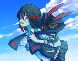 1girl black_eyes black_hair black_skirt blue_sky cloud hair_between_eyes hoyon jacket kill_la_kill looking_at_another matoi_ryuuko multicolored_hair open_clothes open_jacket pleated_skirt red_hair senketsu short_hair skirt sky smile streaked_hair teeth two-tone_hair upper_body