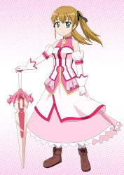 Rule 34 | 10s, 1girl, brown hair, cosplay, dog days, dress, elbow gloves, female focus, gloves, green eyes, highres, hoshino sora, long dress, long skirt, millhiore f. biscotti, millhiore f biscotti (cosplay), pantyhose, rebecca anderson, skirt, solo, sword, weapon