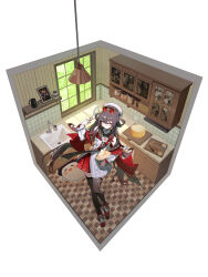 1girl absurdres bare_shoulders beret black_hair checkered_floor chinese_commentary commentary_request eyewear_on_head faucet from_above genshin_impact grin hair_between_eyes hair_rings hat highres holding holding_whisk hu_tao_(cherries_snow-laden)_(genshin_impact) hu_tao_(genshin_impact) indoors kitchen long_sleeves miniskirt off_shoulder official_alternate_costume one_eye_closed qixia red_skirt shirt simple_background sink skirt sleeveless sleeveless_shirt smile solo sunglasses twintails whisk white_background white_hat white_shirt window