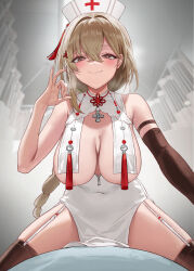 1girl 1other absurdres anngu_nn bare_shoulders black_gloves black_thighhighs blush breast_curtains breasts brown_eyes closed_mouth commentary_request covered_navel crossed_bangs elbow_gloves fellatio_gesture girl_on_top girls&#039;_frontline girls&#039;_frontline_2:_exilium gloves green_hair hair_between_eyes hat heavy_breathing highres large_breasts long_hair looking_at_viewer low-braided_long_hair low-tied_long_hair mole mole_under_eye nurse_cap pelvic_curtain pov privacy_screen qiuhua_(girls&#039;_frontline_2) single_elbow_glove smile tassel thighhighs thighs