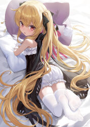 Rule 34 | 1girl, bare shoulders, black hat, blonde hair, blush, commentary request, from behind, gloves, guchico, hair between eyes, hat, highres, little witch nobeta, long hair, looking at viewer, looking back, lying, nobeta, official alternate costume, official art, on stomach, open mouth, pants, pillow, pom pom (clothes), red eyes, second-party source, solo, thighhighs, thighs, twintails, unworn hat, unworn headwear, very long hair, white gloves, white pants, white thighhighs, witch hat