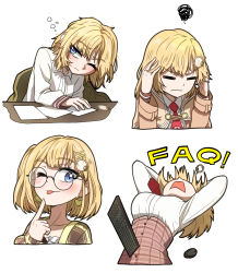 1girl blonde_hair blue_eyes breasts commentary computer_keyboard computer_mouse cropped_torso ddolbang english_commentary glasses hair_ornament hairclip highres hololive hololive_english long_sleeves medium_breasts medium_hair messy_hair multiple_views plaid_clothes plaid_skirt round_eyewear shirt simple_background skirt underbust virtual_youtuber watson_amelia white_background white_shirt