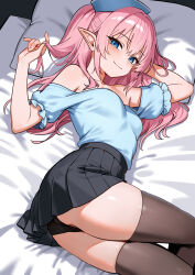 1girl absurdres bare_shoulders bed_sheet black_panties black_skirt blue_eyes blue_hat blue_shirt blush breasts brown_thighhighs closed_mouth commentary commission elf fingernails hat highres long_hair lying mr_tangsuyuk nurse_cap on_side original panties pillow pink_hair pleated_skirt pointy_ears shirt short_sleeves skirt smile solo thighhighs thighs twintails underwear