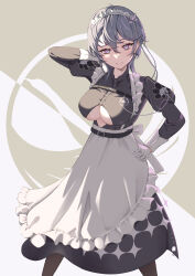 1girl apron arm_up azur_lane bellona_(armed_to_clean)_(azur_lane) bellona_(azur_lane) belt black_belt black_dress black_pantyhose breasts chest_belt closed_mouth clothing_cutout commentary_request commission dress gloves grey_hair hair_between_eyes hand_on_own_hip highres juliet_sleeves large_breasts long_sleeves looking_at_viewer maid maid_apron maid_headdress official_alternate_costume pantyhose partial_commentary puffy_sleeves purple_eyes rizzy short_hair sidelocks skeb_commission smile solo standing underboob underboob_cutout white_apron white_gloves