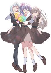 3girls :d ;d black_gloves black_pantyhose blush bob_cut bouquet brown_dress brown_hair brown_shoes closed_mouth clothes_lift colored_inner_hair commentary_request dress dress_lift flower fujishima_megumi full_body gloves green_eyes grey_hair hair_bun hasu_no_sora_school_uniform highres holding holding_bouquet inverted_bob link!_like!_love_live! loafers long_hair looking_at_viewer love_live! medium_dress multicolored_hair multiple_girls nanase_itsuki one_eye_closed open_mouth otomune_kozue outstretched_arm pantyhose pink_eyes pleated_dress purple_eyes raised_inner_eyebrows red_hair sailor_collar school_uniform shoes short_hair side_ponytail sidelocks simple_background single_side_bun smile socks split_mouth streaked_hair two_side_up virtual_youtuber white_background white_sailor_collar white_socks wind wind_lift yugiri_tsuzuri