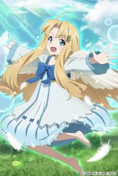 1girl :d ahoge artist_request barefoot bird_wings blonde_hair blue_bow blue_dress blue_eyes blue_sky bow chain_chronicle chest_bow child cloud cloudy_sky commentary_request day dress falling_feathers feathered_wings feathers filo_(tate_no_yuusha_no_nariagari) forehead full_body glint glowing grass light_rays long_hair long_sleeves looking_at_viewer official_art open_mouth outdoors outstretched_arms sky smile solo sunbeam sunlight tate_no_yuusha_no_nariagari two-tone_dress white_dress white_feathers white_wings wing_hairpin wings