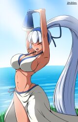 1girl armpits arms_up beach bikini breasts cleavage closed_eyes curvy dark-skinned_female dark_skin fingerless_gloves gloves hair_ribbon highres large_breasts legs long_hair majikina_mina ocean open_mouth ponytail ribbon samurai_spirits sarong snk swimsuit teeth thighs tongue water white_hair wide_hips