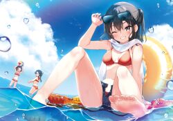 3girls barefoot bikini black_hair blue_sky blush brown_eyes eyewear_on_head feet full_body jintsuu_(kancolle) kantai_collection knees_up koruri legs looking_at_viewer multiple_girls naka_(kancolle) ocean outdoors red_bikini scarf sendai_(kancolle) shorts sky smile soles sunglasses swimsuit toe_scrunch toenails toes two_side_up water white_scarf