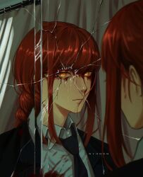 1girl artist_name black_necktie blood blood_on_clothes blood_on_face braid broken_mirror chainsaw_man collared_shirt crack cracked_glass looking_at_viewer makima_(chainsaw_man) medium_hair mirror necktie nthndn red_hair ringed_eyes shirt sidelocks white_shirt yellow_eyes