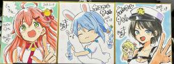Rule 34 | &gt; &lt;, 4girls, :d, aged down, ahoge, beamed eighth notes, black hair, black skirt, blue eyes, blue hair, bow, braid, breasts, carrot hair ornament, cleavage, collarbone, crop top, dated, don-chan (usada pekora), dress, eighth note, food-themed hair ornament, fortissimo, green eyes, hair between eyes, hair bow, hair ornament, hairclip, hat, highres, hololive, kiritoma, medium breasts, midriff, multicolored hair, multiple girls, musical note, musical note hair ornament, navel, one side up, oozora subaru, oozora subaru (police), open mouth, otonose kanade, peaked cap, photo (medium), pointing, pointing at viewer, police hat, puffy short sleeves, puffy sleeves, red hair, sakura miko, sakura miko (1st costume), shirt, short eyebrows, short sleeves, signature, skirt, smile, thick eyebrows, traditional media, translation request, twin braids, twintails, two-tone hair, usada pekora, v-shaped eyebrows, white bow, white dress, white hair, white hat, white shirt, x hair ornament, xd