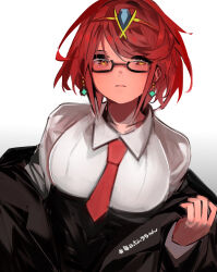 Rule 34 | 1girl, absurdres, black jacket, blush, breasts, closed mouth, collared shirt, earrings, glasses, headpiece, highres, jacket, jewelry, large breasts, looking at viewer, necktie, open clothes, open jacket, pyra (xenoblade), red eyes, red hair, red necktie, shirt, short hair, simple background, solo, swept bangs, tarbo (exxxpiation), tiara, white background, white shirt, xenoblade chronicles (series), xenoblade chronicles 2