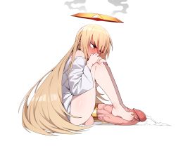 1boy autofootjob blonde_hair blush cock_ring cum ejaculation embarrassed footjob full-face_blush halo highres huge_penis in_(ain) long_hair male_focus nail_polish off_shoulder original penis precum sex_toy sitting smoking testicles toenail_polish toenails toes tucked_penis veins veiny_penis very_long_hair white_background