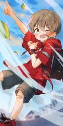 1boy armband backpack bag bandaid bandaid_on_hand bandaid_on_leg ben-day_dots black_armband black_bag blush child cloud commentary_request dot_nose double-parted_bangs drawstring facial_mark falling_leaves far_tarooo grey_hair grey_shorts hair_between_eyes highres hood hood_down hoodie leaf looking_to_the_side male_focus open_mouth orange_eyes original outstretched_arm pointing print_hoodie randoseru red_hoodie red_shoes rotto_(far_tarooo) screentones shoelaces shoes short_hair short_sleeves shorts sideways_glance sky smile sneakers teeth upper_teeth_only wind