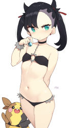 1girl absurdres arm_behind_back bad_id bad_twitter_id bare_shoulders bikini black_bikini black_hair blue_eyes choker cloba clothed_pokemon collarbone cowboy_shot creatures_(company) dive_ball earrings flat_chest frown game_freak gen_8_pokemon hand_up highres holding holding_poke_ball inactive_account jewelry long_hair looking_at_viewer marnie_(pokemon) morpeko morpeko_(full) navel nintendo o-ring o-ring_bikini poke_ball pokemon pokemon_(creature) pokemon_swsh signature simple_background standing stomach swimsuit thighs twintails v-shaped_eyebrows white_background