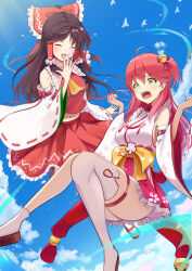 2girls absurdres bird black_hair blue_sky closed_eyes cloud detached_sleeves hakuou0714 hakurei_reimu highres hololive japanese_clothes kimono long_hair multiple_girls one_side_up open_mouth pink_hair red_kimono sakura_miko sakura_miko_(1st_costume) sidelocks sky smile thigh_strap thighhighs touhou virtual_youtuber white_kimono white_sleeves white_thighhighs