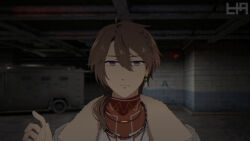 1boy bead_necklace beads brown_hair closed_mouth coat dark dark_background earrings expressionless fur-trimmed_coat fur_trim hand_up hnt_(1177tr1999) indoors jewelry low_ponytail male_focus medium_hair name_day_(reverse:1999) necklace ponytail portrait purple_eyes reverse:1999 single_earring solo