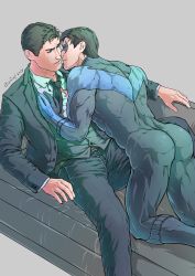 2boys artist_name ass bara batman_(series) belt black_bodysuit black_hair black_jacket black_pants black_vest blue_bodysuit bodysuit bodysuit_pull bruce_wayne couch dc_comics dick_grayson domino_mask evinist father_and_son formal_clothes highres imminent_kiss incest jacket looking_at_another lying male_focus mask multiple_boys muscular muscular_male necktie nightwing on_back on_couch open_clothes open_jacket pants parted_lips shirt short_hair taut_bodysuit taut_clothes thick_thighs thighs two-tone_bodysuit vest white_shirt yaoi